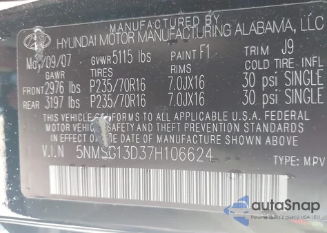 2007 Hyundai Santa Fe Gls из США, поврежденный, VIN 5NMSG13D37H106624